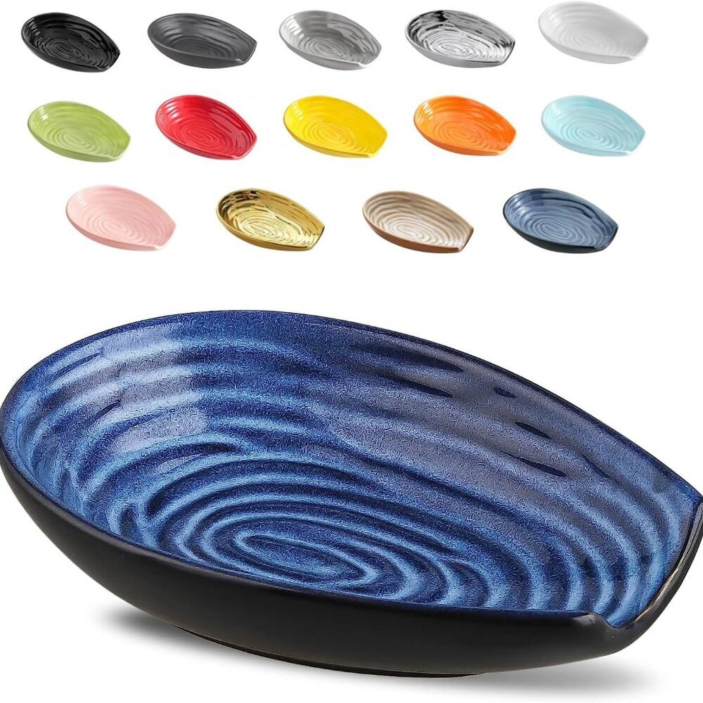 Ceramic Spoon Rest for Kitchen Counter, 5.7 Inch Blue Porcelain Spoon Holder Far
